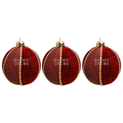 Hộp quả châu thủy tinh Royal Crown 3 quả nhung đỏ đính hạt pha lê vàng 8CM 3T