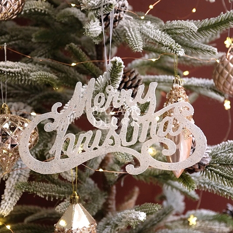 Phụ kiện treo chữ Merry Christmas uốn lượn có nhũ trắng