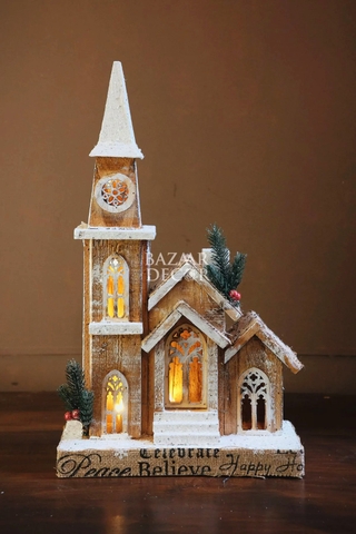 Mô hình nhà thờ gỗ châu Âu 25x44cm mẫu 1 tháp chuông