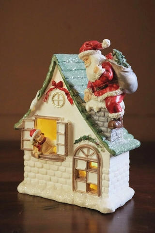Mô hình để bàn phát sáng - Ngôi nhà ống khói và ông già Noel 14x17cm