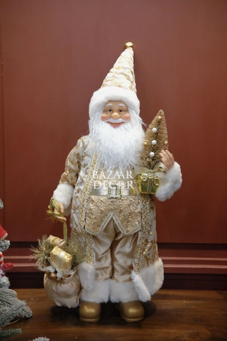 Ông già Noel Royal 80cm - Vàng trắng gold ôm cây thông