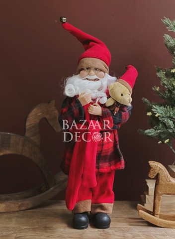 Ông già Noel Áo choàng pyjama caro ôm gấu Teddy 45cm 60cm (Kích thước từ chân đến chóp nón)