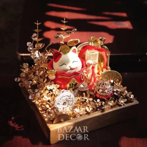 Khay Mèo hũ vàng lắc lư chiêu tài phú quý | 16x16cm