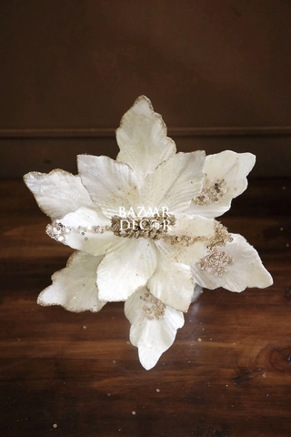 Cành hoa trạng nguyên Royal nhung đính kim sa 26cm - Trắng