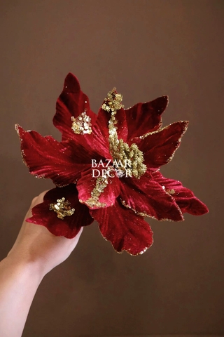 Cành hoa trạng nguyên Royal nhung đính kim sa 26cm - Đỏ