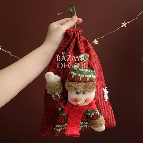 Túi vải bố Noel có dây rút 20x28cm - Người tuyết