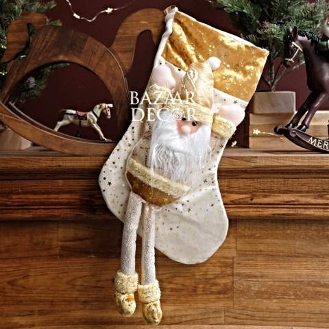 Vớ Noel gắn thú bông lớn tone trắng kem vàng 60cm - Ông già Noel