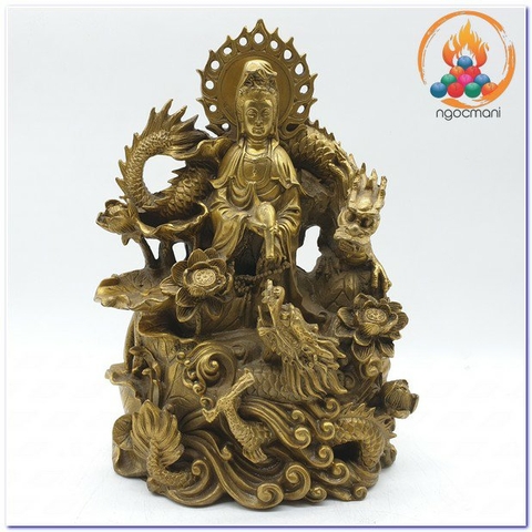 Tượng Quan Âm Bồ Tát Ngồi Rồng Hoa Sen_Chất Liệu Đồng Trơn_Cao 23cm