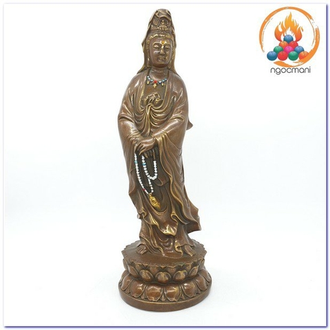 Tượng Quan Âm Bồ Tát Cầm Chuỗi_Chất Liệu Đồng Nâu Dạ Cổ_Cao 26cm