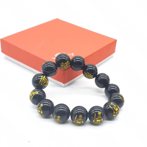 Chuỗi Đá Mã Não Khắc Phật,Đen,Tròn Đeo Tay_14ly