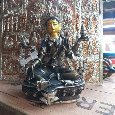Tượng Cát Tường Thiên Nữ Tướng Tài Bảo Mật Tông Laskmi_Chất liệu Đồng Nepal_Cao 23cm
