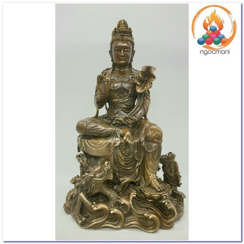 Tượng Quan Âm Bồ Tát Cầm Sen Ngọc Như Ý_Chất liệu Đồng Nâu Dạ Cổ_Cao 36cm