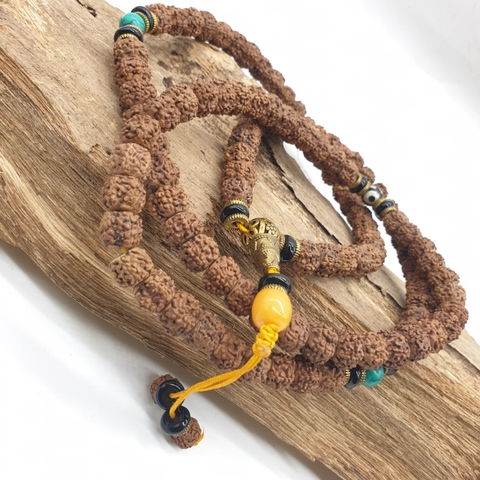 Chuỗi Gỗ Kim Cang Gai Nâu Vàng Đính Đá tây Tạng_7 Ly_108 Hạt