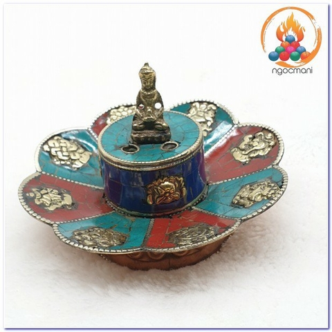 Lư Cúng Khói Nepal Tròn Khắc Bát Bảo Cát Tường Đính Đá Pháp Lam_11x9cm