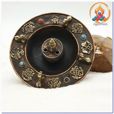 Lư Đốt Nhang Tròn Nepal Nai Chầu Nguyệt Luân_Chất liệu Đồng_Kích Thước 15x11cm