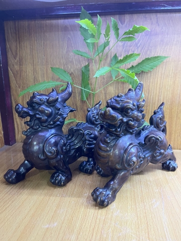 Cặp Linh Thú Đầu Rồng 2 Sừng-Trấn Trạch Hoá Sát-Đồng Nâu-15x8cm-B4-B6-PT0337
