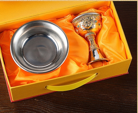 Bộ Ly Cúng Dường Hộ Pháp Tây Tạng Đế Rời_Chất liệu Hợp Kim Xi Vàng (dưới 6x11cm/ trên 10x6,5cm)