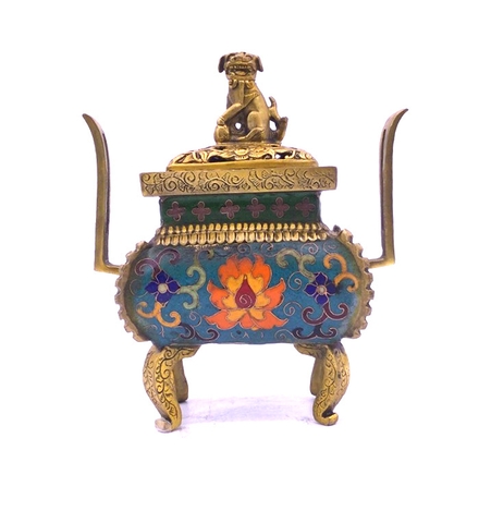 Lư Xông Khói 3 Quai Khổng Tước Đỉnh Trái Châu Đính Đá Pháp Lam_15x15,5cm_1,8kg