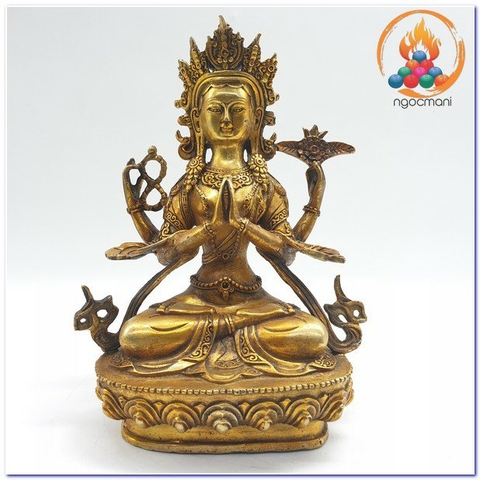 Tượng Quan Âm Tứ Thủ Bồ Tát_Chất liệu Đồng Trơn_Cao 20cm