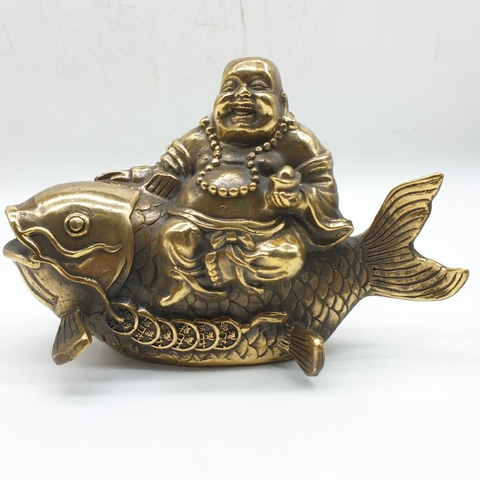 Tượng Di Lặc Bồ Tát Cưỡi Cá_Chất liệu Đồng_Cao 12cm