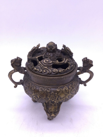 Lư Xông Khói Đỉnh Rồng Quấn Trâu 3 Chân Quai Rồng_14x15cm