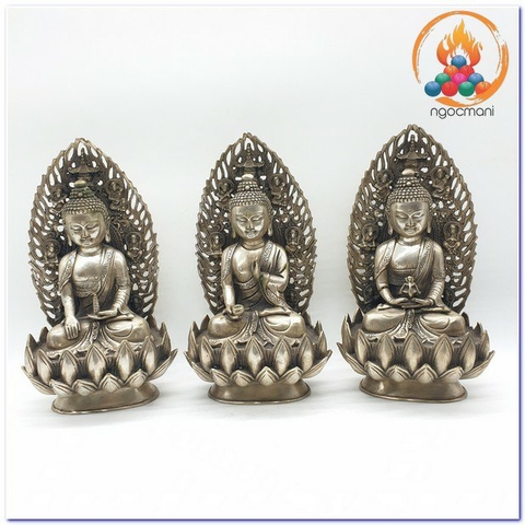 Tượng Phật Tam Tôn Ngồi Vòng Lửa_Chất liệu Đồng Mạ Bạc_23cm
