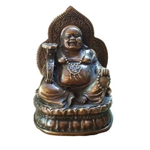 Tượng Di Lặc Bồ Tát Ngồi Lá Đề Cầm Gậy Như Ý_Chất liệu Đồng Nâu Dạ Cổ_Cao 18cm