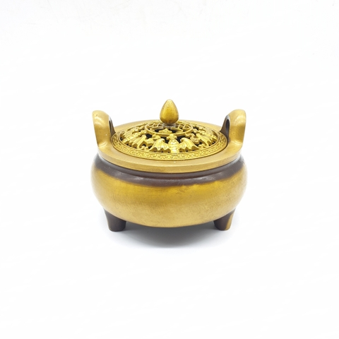 Lư Tròn Hai Quai Nắp Dơi Ngũ Phúc_Chất liệu Đồng_8x10cm