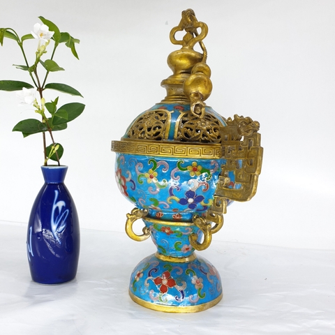 Lư Xông Khói Pháp Lam Quai Rồng, Đỉnh 2 Hồ Lô Hút Tài Lộc_28x22cm_2,3kg