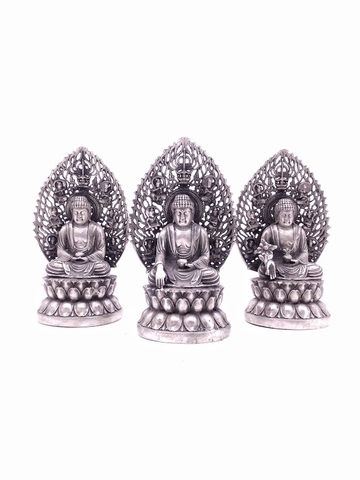 Tượng Phật Tam Tôn Vòng Lửa_Chất liệu Đồng Mạ Bạc_Cao 20cm