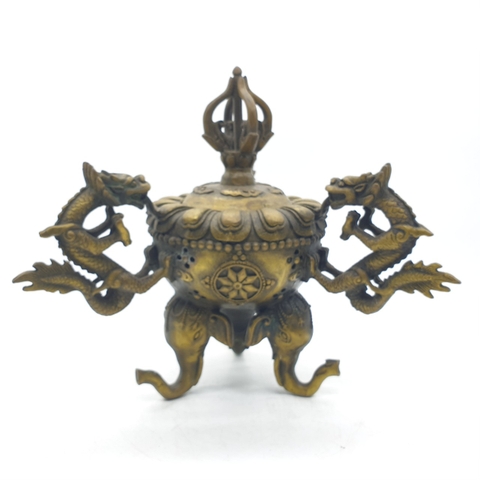 Lư Xông Khói  3 Chân 3 Quai Rồng Đỉnh Chày_22x20cm