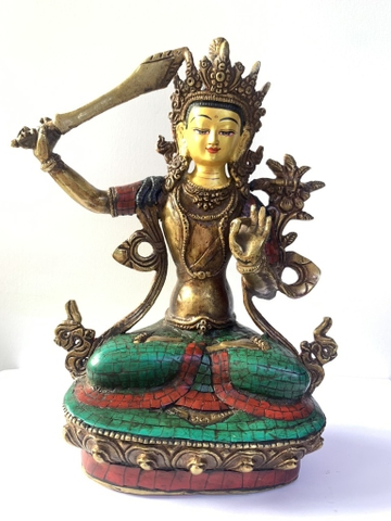 Tượng Văn Thù Sư Lợi Bồ Tát_Đính Đá Lam Ngọc 23x16cm-cn1600gr