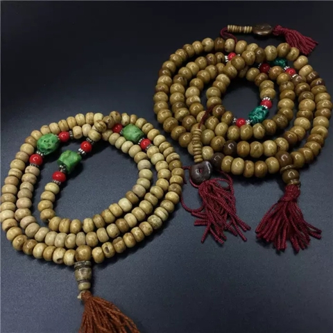 Chuỗi Xương Trâu Yark Nâu Ngà Đính Đá Tây Tạng Xanh_10 Ly_108 Hạt