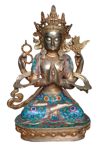 Tượng Phật Quan Âm Tứ Thủ Bồ Tát_Chất liệu Đồng Đính Đá Lam Ngọc_Cao 68cm