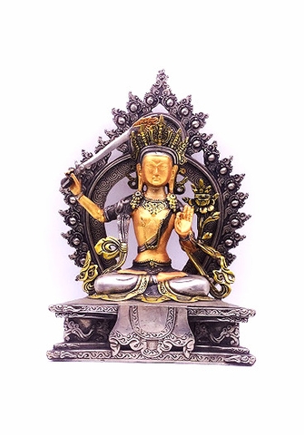 Tượng Văn Thù Sư Lợi Bồ Tát_Chất liệu Đồng Mạ Bạc_Cao 26cm