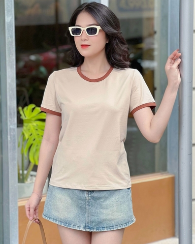 Áo thun cotton nữ cổ tròn Màu Kem Phối-28B