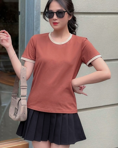 Áo thun cotton nữ cổ tròn Màu Nâu Phối-29B