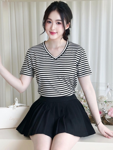 Áo thun nữ cổ Tim - Sọc ngang Trắng Đen - BSA15