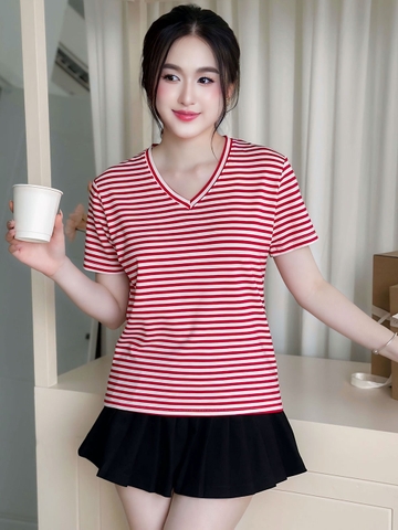 Áo thun nữ cổ Tim - Sọc Ngang Đỏ Trắng - BSA15