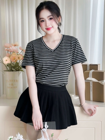 Áo thun nữ cổ Tim - Sọc ngang Xám Đen - BSA18