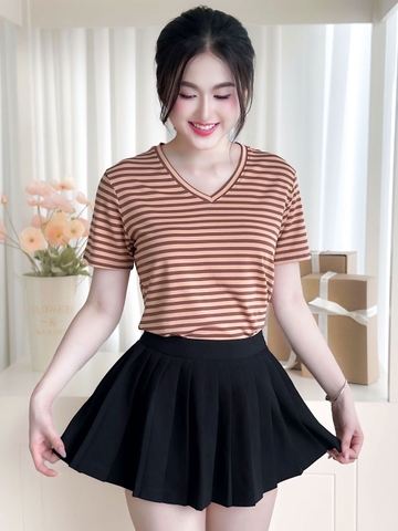 Áo thun nữ cổ tim - Sọc Nâu Caffe - BSA30