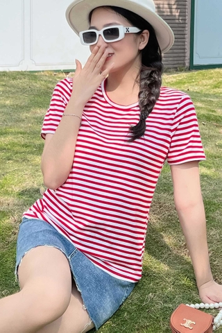 Áo thun cotton nữ cổ tròn màu Sọc ngang Đô Trắng 16B