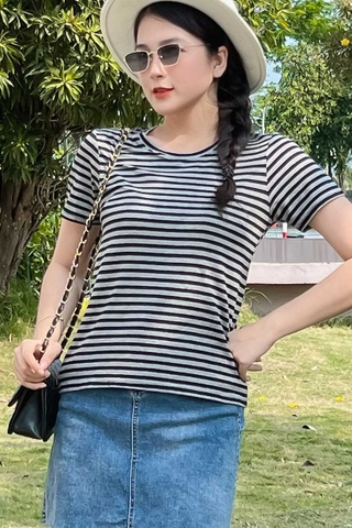 Áo thun cotton nữ cổ tròn màu Sọc ngang Xám Đen 18B