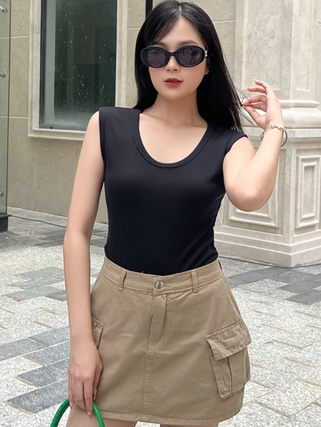 Áo thun sát nách nữ-Cổ Tròn-Đen-SNB11