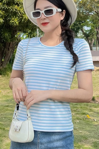 Áo thun cotton nữ cổ tròn màu Sọc Xanh Trắng- 31B