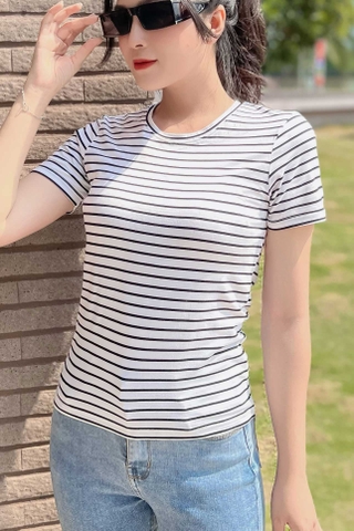 Áo thun cotton nữ cổ tròn Sọc Đen Trắng 1 phân 3 ly - 19B