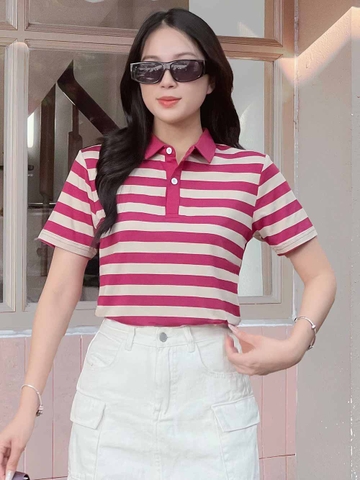 Áo PoLo Nữ - Sọc Đỏ Kem- PLM81
