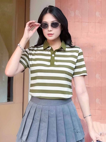 Áo PoLo Nữ - Sọc Rêu Kem- PLM82