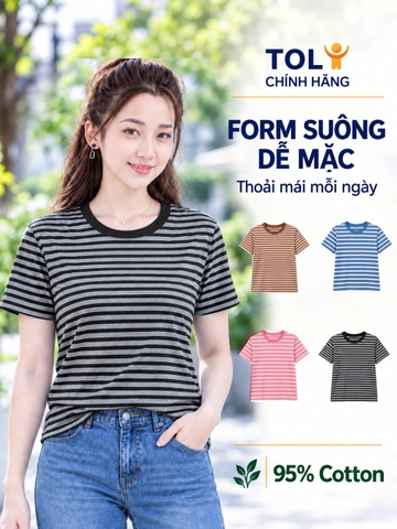 Áo thun nữ cổ tròn sọc ngang TOLI BSB18 – Cotton mềm, form suông gọn dáng, dễ phối mặc mỗi ngày