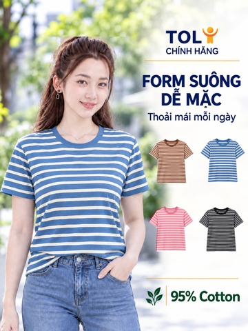 Áo thun nữ cổ tròn sọc ngang TOLI BSB32 – Cotton mềm, form suông gọn dáng, dễ phối mặc mỗi ngày